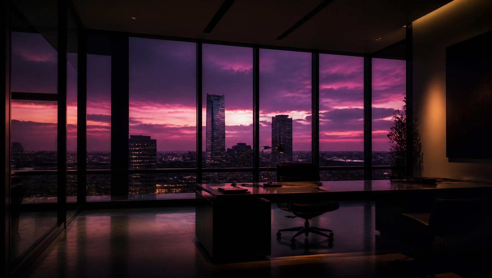 Executive boardroom overlooking a city skyline at dusk